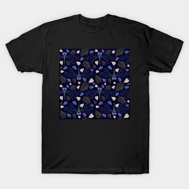 Blue Dragonfly and Leaf Pattern on Blue T-Shirt by OneLook